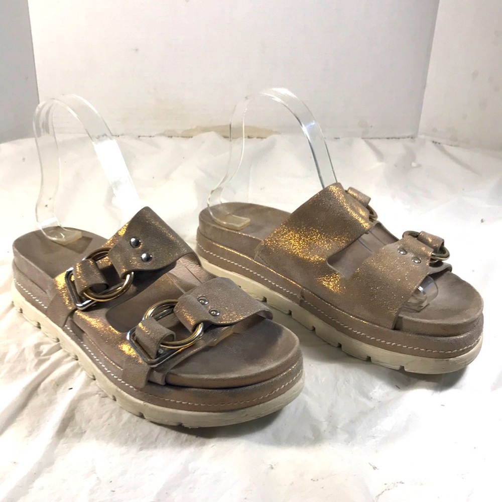 J/Slides Women's Baha Double Buckle Platform Slide Sandals Shoe in Metallic Gold